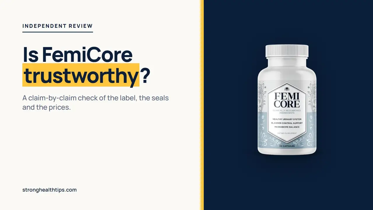 Is FemiCore trustworthy: editorial cover with the headline on cream and the FemiCore bottle on a navy panel