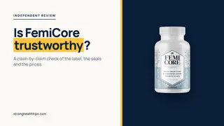 Is FemiCore trustworthy: editorial cover with the headline on cream and the FemiCore bottle on a navy panel