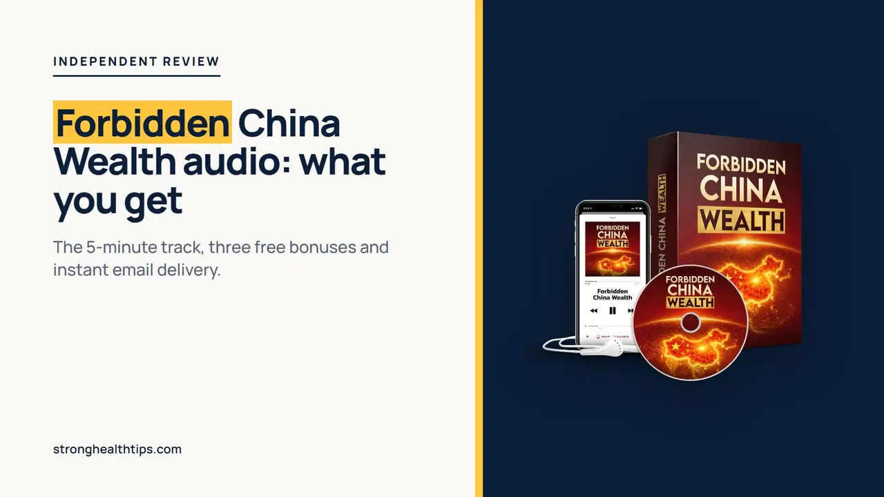 Forbidden China Wealth audio: seller's mockup of the digital audio product on a navy panel