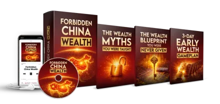 The seller's mockup for Forbidden China Wealth with a phone audio player, earbuds and the three bonus guide covers; it is a digital product and nothing is shipped