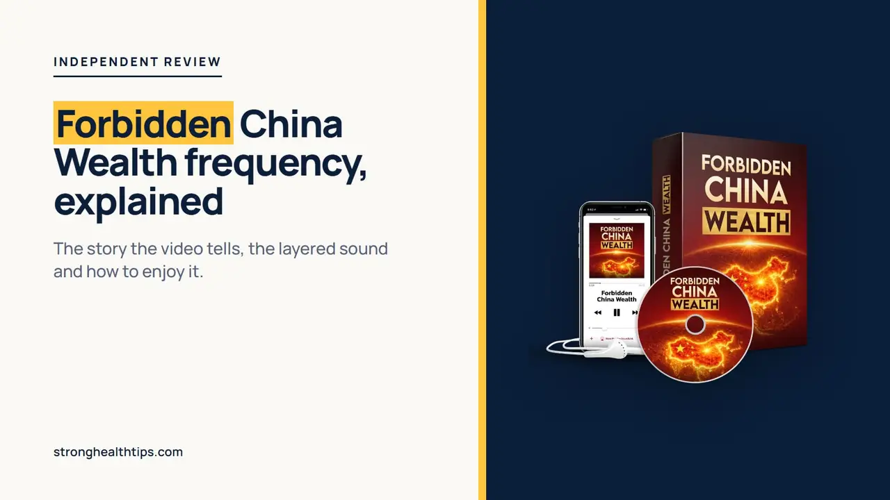 Forbidden China Wealth frequency: the story headline beside the seller's mockup of the digital audio on a navy panel