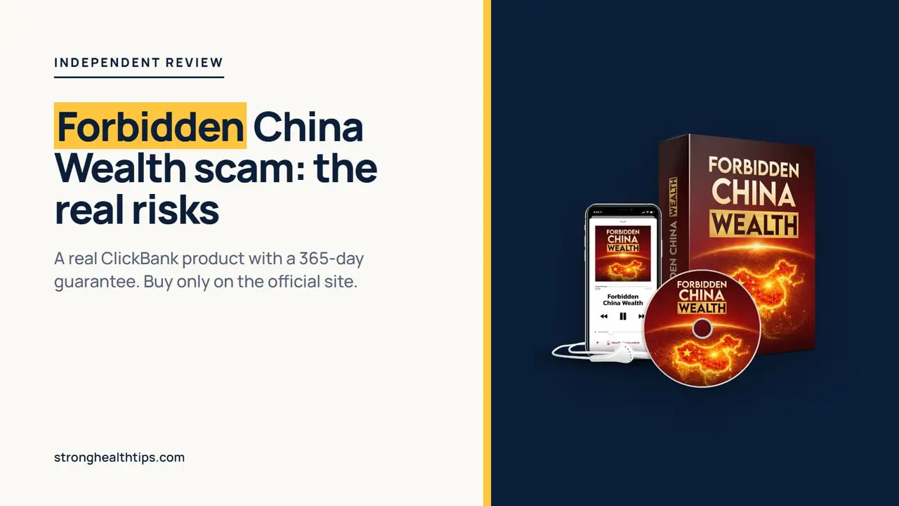 Forbidden China Wealth scam: seller's mockup of the digital audio on a navy panel