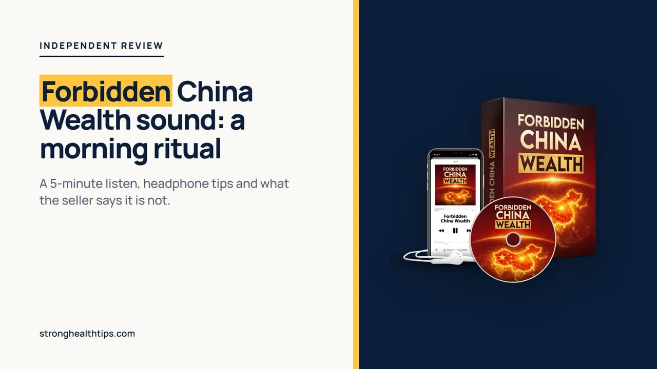 Forbidden China Wealth sound: the morning ritual headline beside the seller's mockup of the digital audio on a navy panel