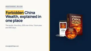 Forbidden China Wealth explained: the headline beside the seller's mockup of the digital audio on a navy panel