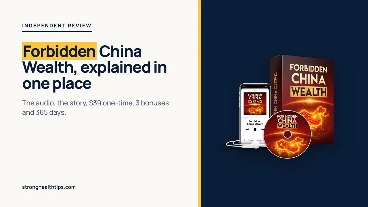 Forbidden China Wealth explained: the headline beside the seller's mockup of the digital audio on a navy panel