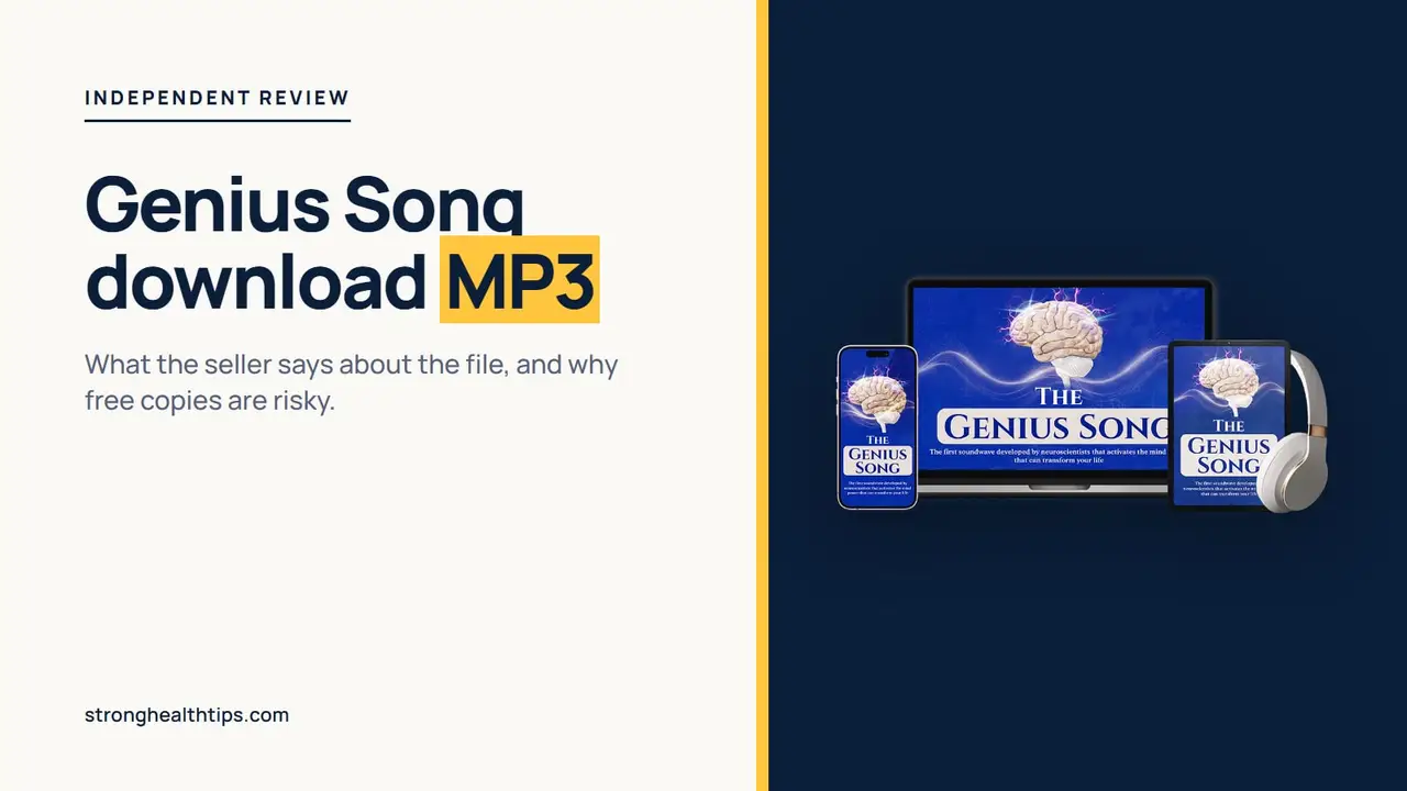 The Genius Song download MP3 guide: headline about the file format beside a mockup of The Genius Song audio on a navy panel
