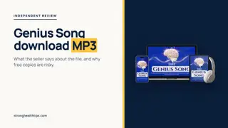 The Genius Song download MP3 guide: headline about the file format beside a mockup of The Genius Song audio on a navy panel
