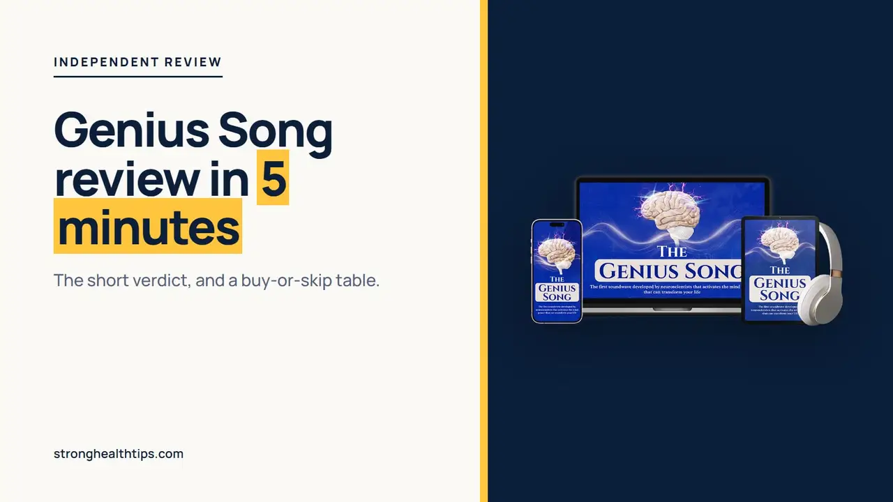 The Genius Song review in five minutes: a buy-or-skip headline beside a mockup of the audio track on a navy panel