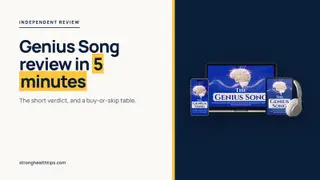 The Genius Song review in five minutes: a buy-or-skip headline beside a mockup of the audio track on a navy panel