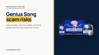 The Genius Song scam risks: headline beside a device mockup of the audio track on a navy panel