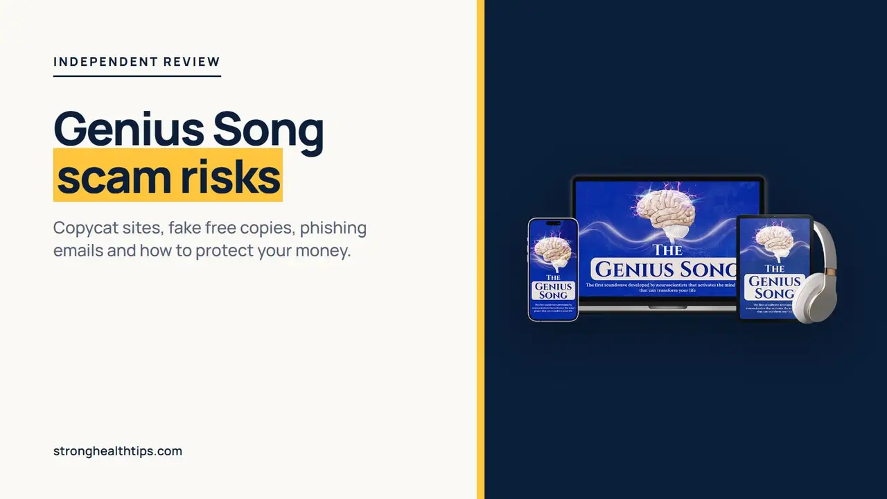 The Genius Song scam risks: headline beside a device mockup of the audio track on a navy panel