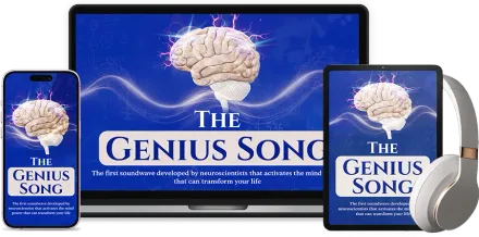 The seller's product mockup for The Genius Song shown on a laptop, phone and tablet; it is a digital audio track and nothing is shipped