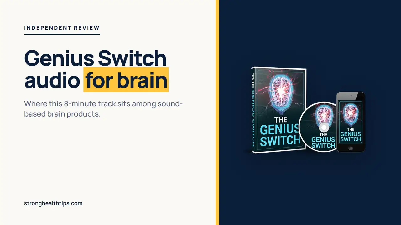 The Genius Switch audio for brain: headline about sound-based brain products beside a product mockup of the 8-minute track