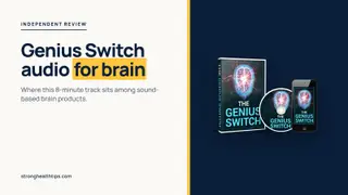 The Genius Switch audio for brain: headline about sound-based brain products beside a product mockup of the 8-minute track
