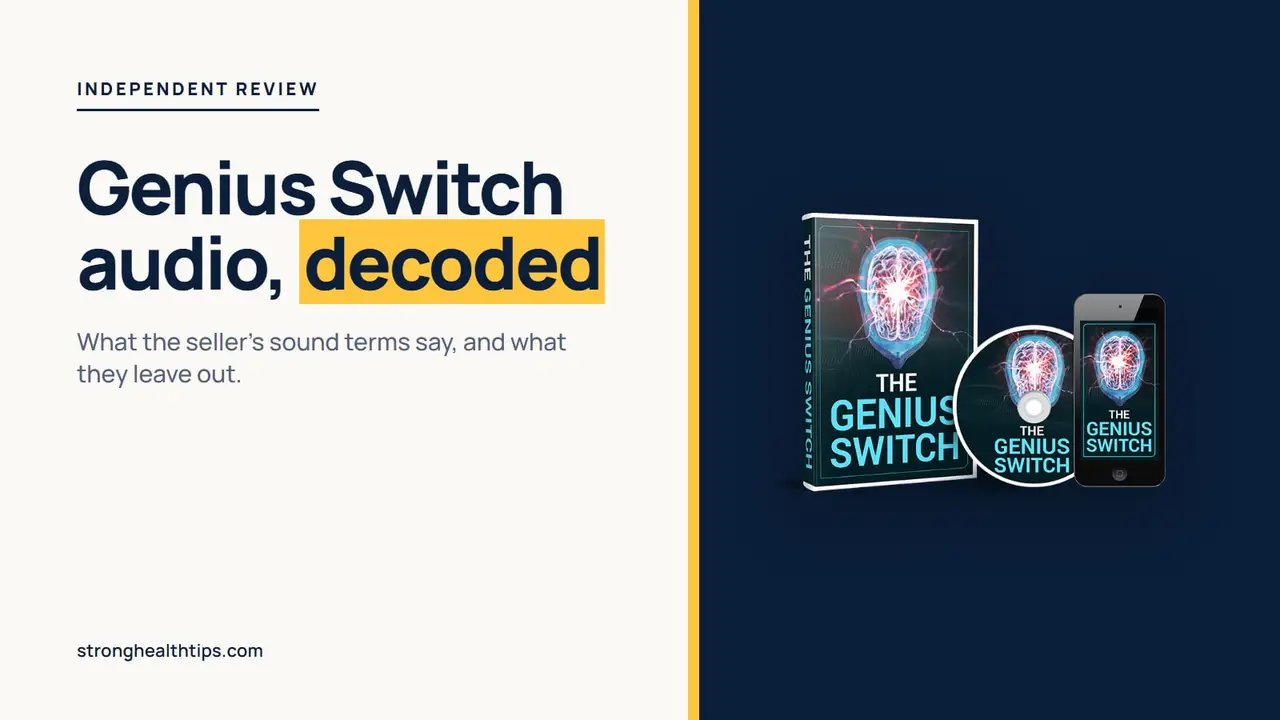 The Genius Switch audio decoded: headline about the seller's sound terms beside a product mockup of the 8-minute track