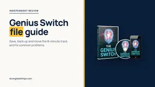 The Genius Switch file guide: headline about saving and moving the track beside a product mockup of the 8-minute audio