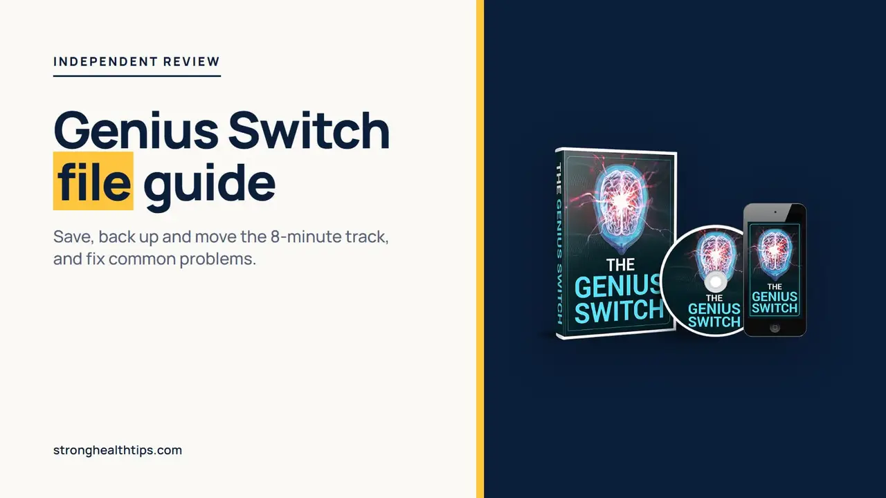 The Genius Switch file guide: headline about saving and moving the track beside a product mockup of the 8-minute audio