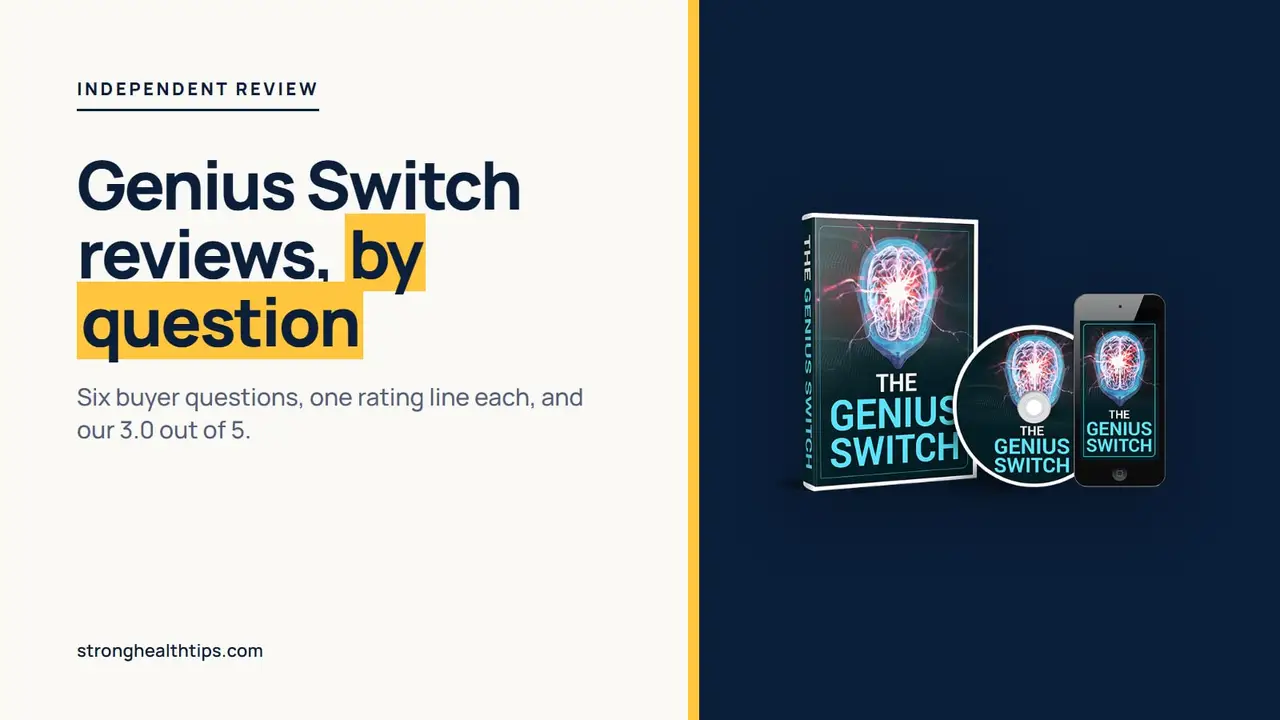 The Genius Switch reviews: headline about six buyer questions rated one by one, beside a product mockup of the track