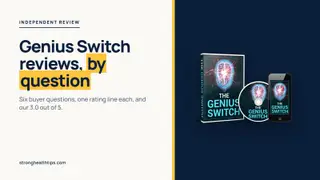 The Genius Switch reviews: headline about six buyer questions rated one by one, beside a product mockup of the track