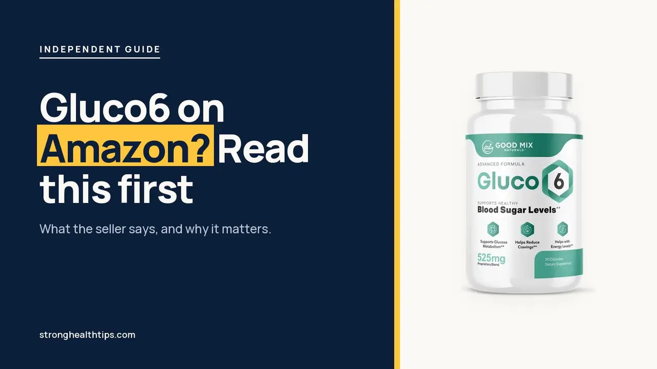 Is Gluco6 on Amazon: headline beside the Gluco6 bottle on warm white with a hairline frame