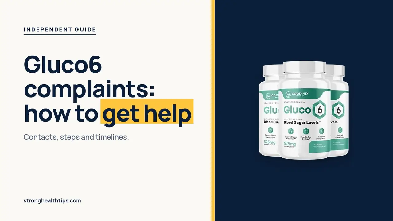 Gluco6 complaints: headline beside the three-bottle Gluco6 package on a navy panel with a yellow edge