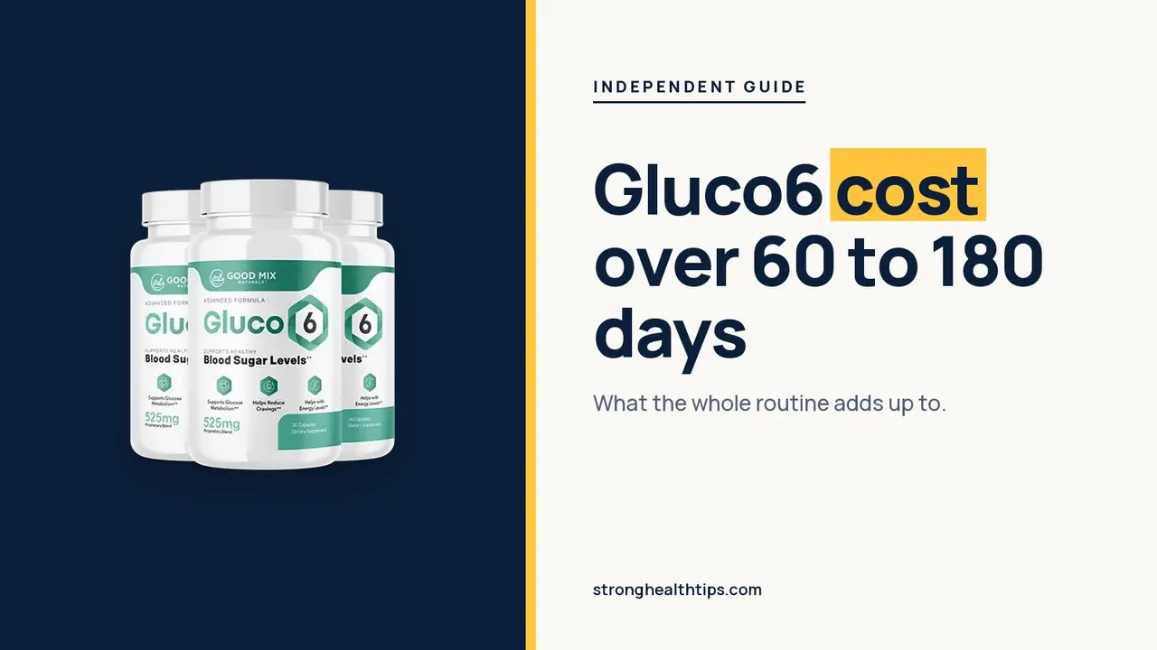 Gluco6 cost: headline beside the three-bottle Gluco6 package on warm white with a hairline frame