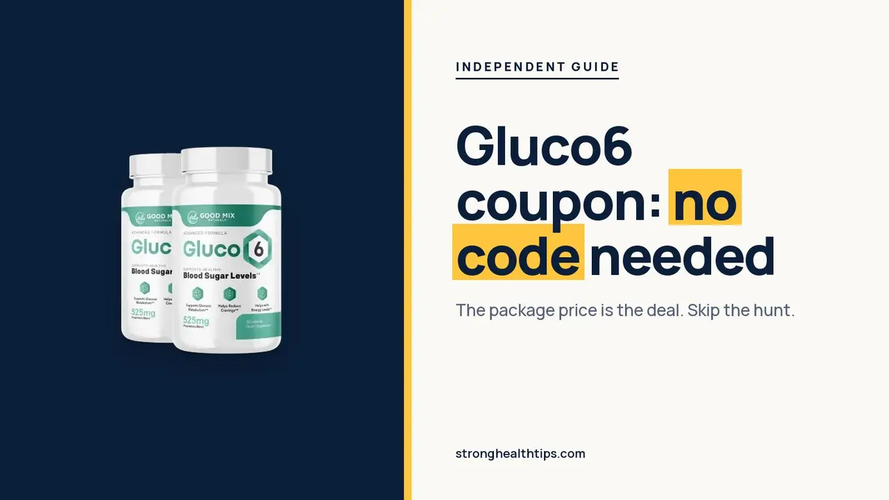 Gluco6 coupon: headline beside the two-bottle Gluco6 package on a navy panel with a yellow edge