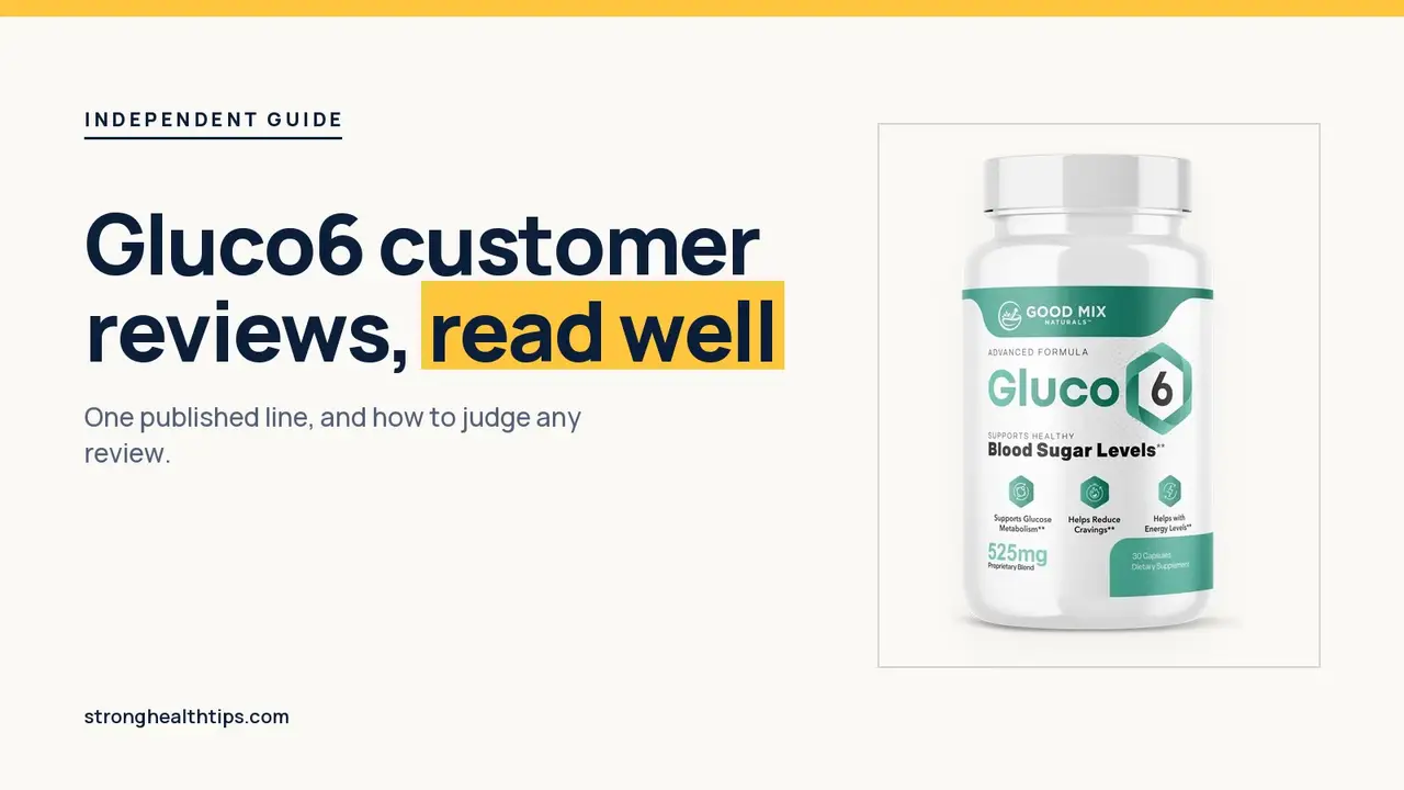 Gluco6 customer reviews: headline beside the Gluco6 bottle on warm white with a hairline frame