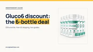 Gluco6 discount: headline beside the six-bottle Gluco6 package on warm white with a hairline frame