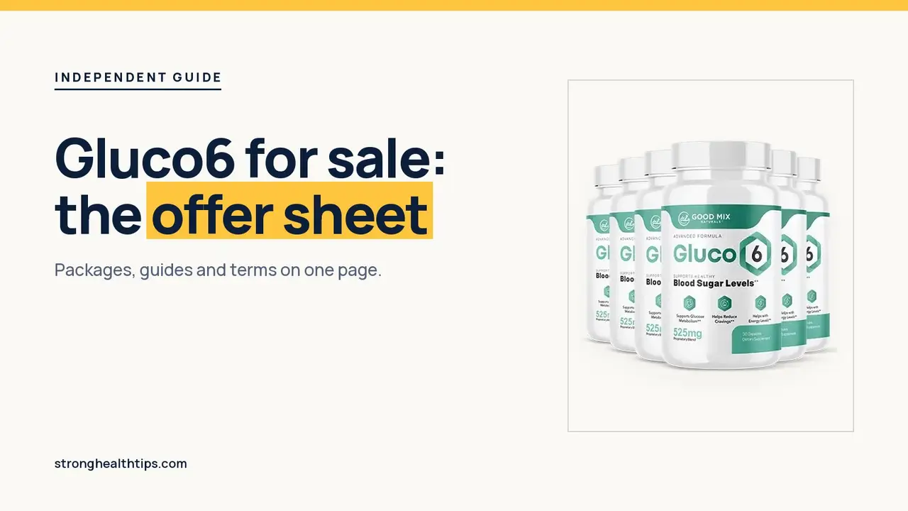 Gluco6 for sale: headline beside the six-bottle Gluco6 package on warm white with a hairline frame