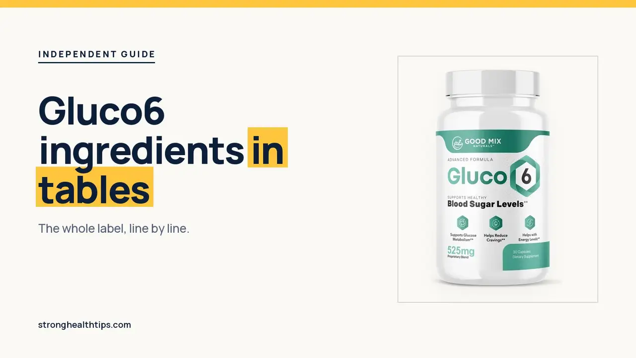Gluco6 ingredients list: headline beside the Gluco6 bottle on a navy panel with a yellow edge