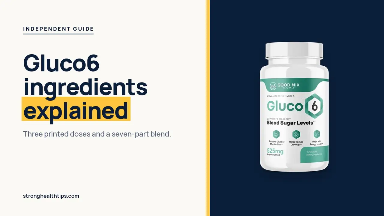 Gluco6 ingredients explained: headline beside the Gluco6 bottle on a navy panel with a yellow edge