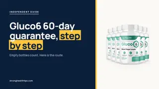 Gluco6 money-back guarantee: headline beside the six-bottle Gluco6 package on a navy panel with a yellow edge
