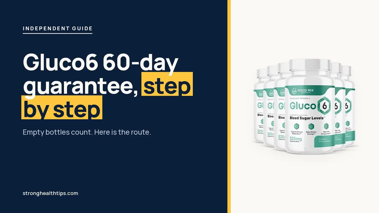 Gluco6 money-back guarantee: headline beside the six-bottle Gluco6 package on a navy panel with a yellow edge