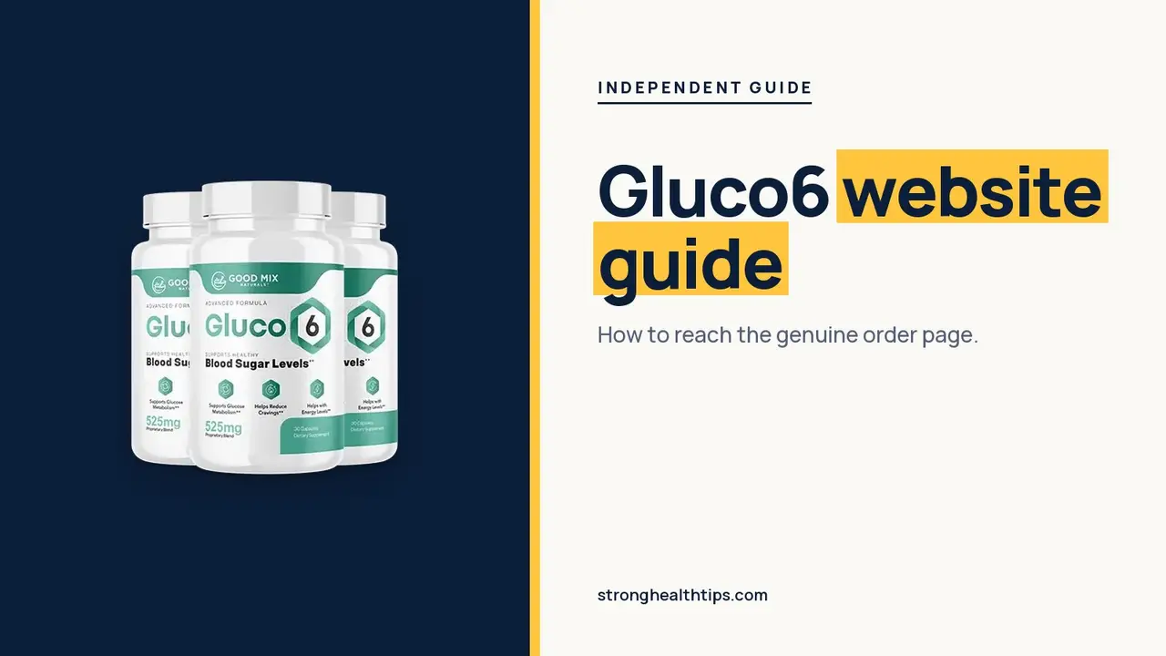 Gluco6 official website: headline beside the three-bottle Gluco6 package on a navy panel with a yellow edge