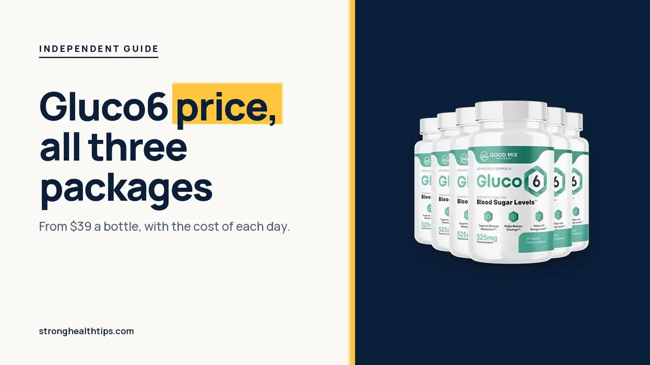 Gluco6 price: headline beside the six-bottle Gluco6 package on a navy panel with a yellow edge