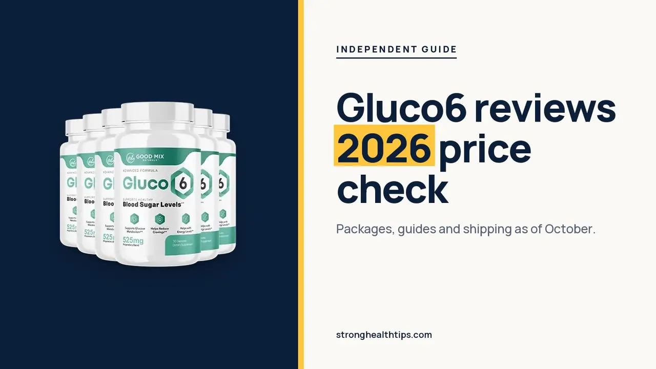 Gluco6 reviews 2026: headline beside the six-bottle Gluco6 package on a navy panel with a yellow edge