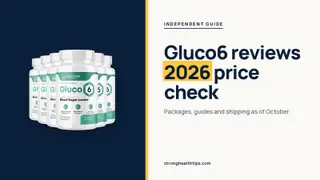 Gluco6 reviews 2026: headline beside the six-bottle Gluco6 package on a navy panel with a yellow edge
