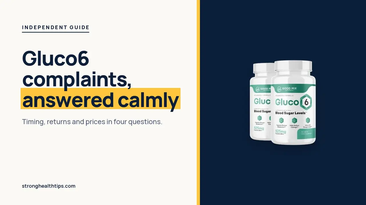 Gluco6 reviews and complaints: headline beside the two-bottle Gluco6 package on a navy panel with a yellow edge