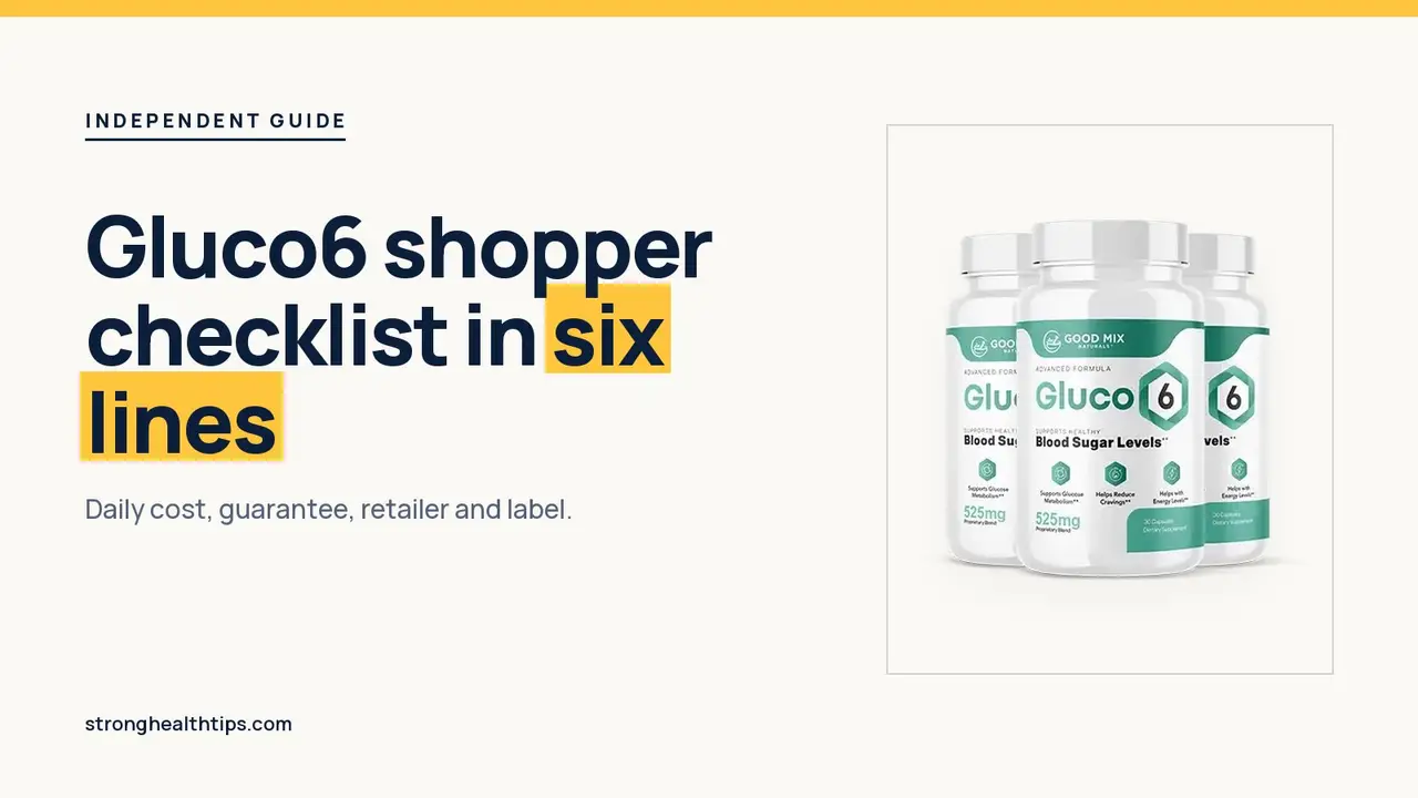 Gluco6 reviews consumer reports style: headline beside the three-bottle Gluco6 package on warm white with a hairline frame