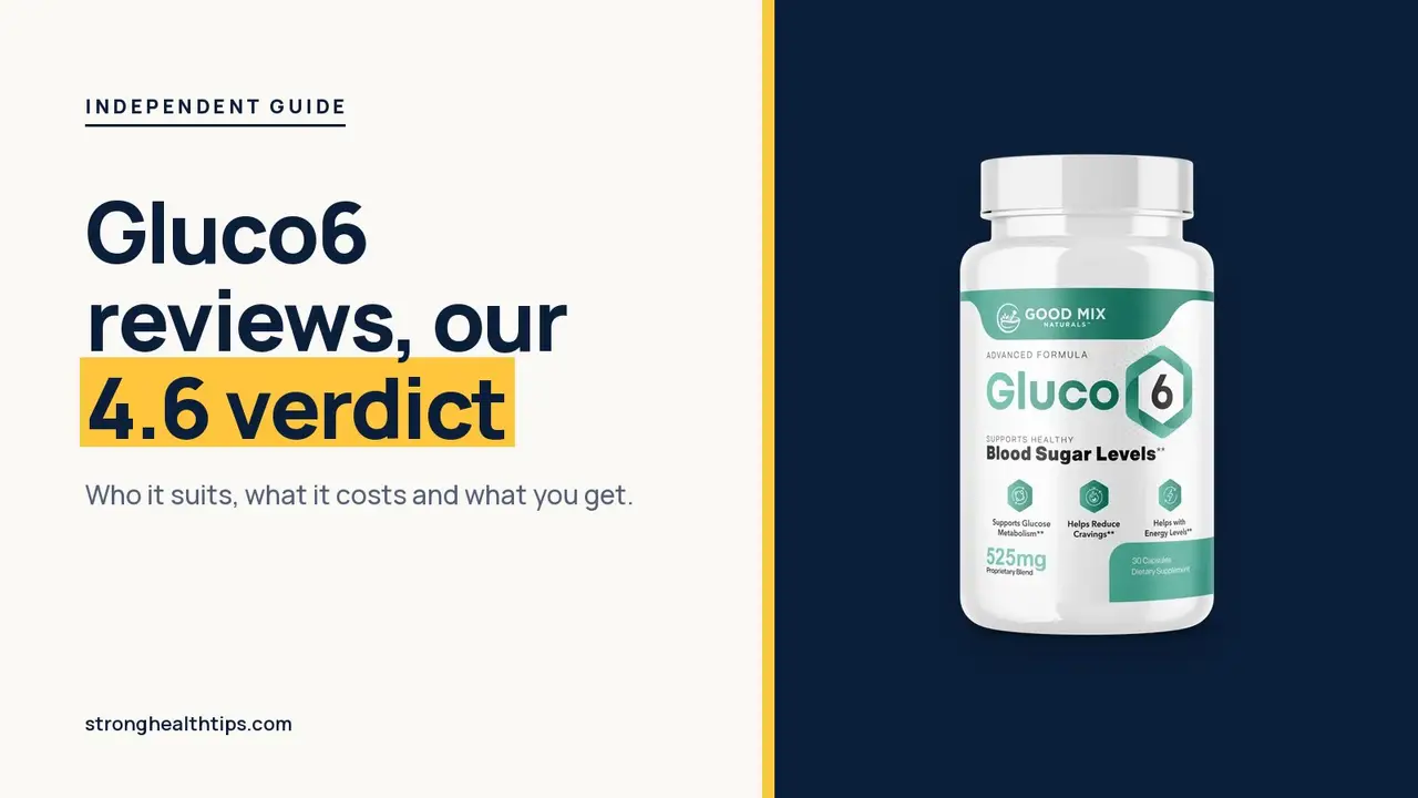 Gluco6 reviews: headline beside the Gluco6 bottle on a navy panel with a yellow edge