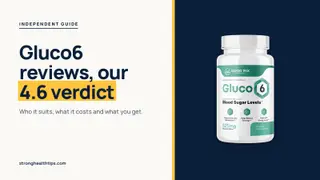 Gluco6 reviews: headline beside the Gluco6 bottle on a navy panel with a yellow edge