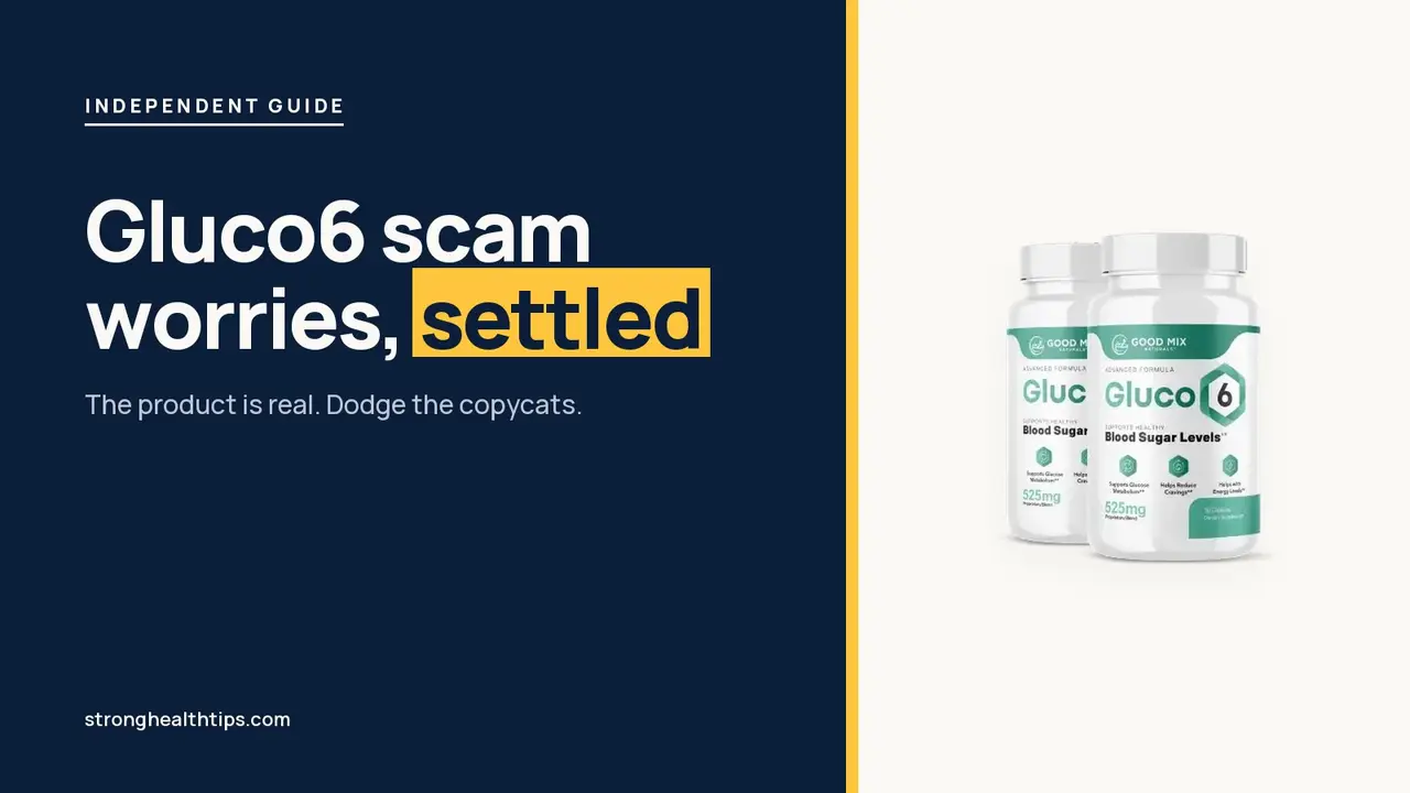 Gluco6 scam worries: headline beside the two-bottle Gluco6 package on a navy panel with a yellow edge