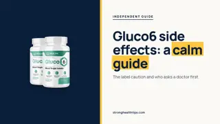 Gluco6 side effects: headline beside the two-bottle Gluco6 package on warm white with a hairline frame