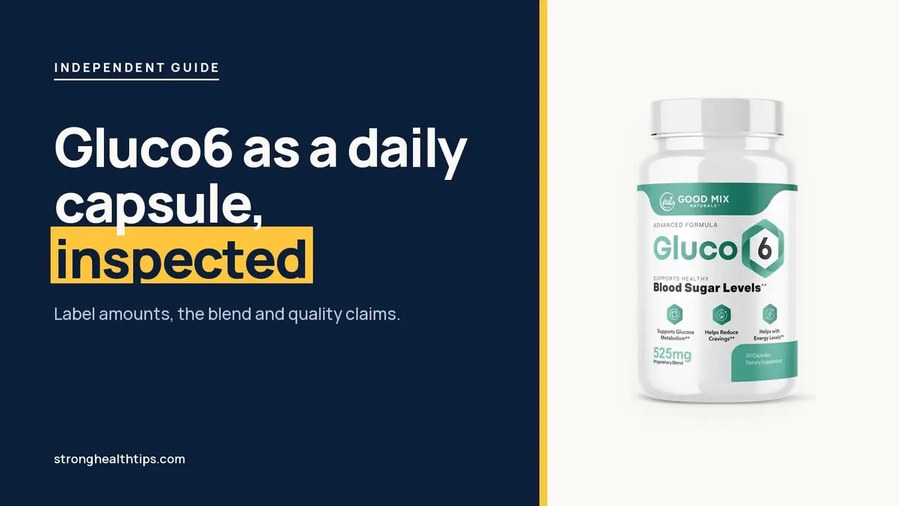 Gluco6 supplement reviews: headline beside the Gluco6 bottle on a navy panel with a yellow edge