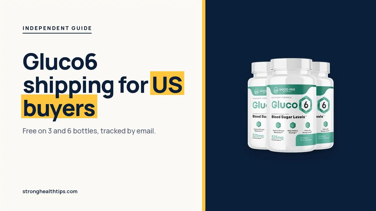 Gluco6 USA: headline beside the three-bottle Gluco6 package on a navy panel with a yellow edge