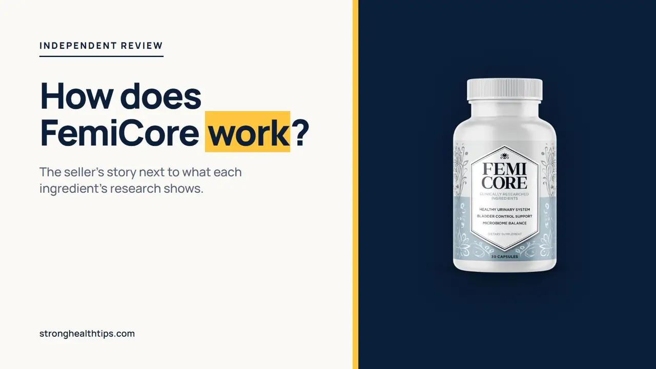 How does FemiCore work: editorial cover with the headline on cream and the FemiCore bottle on a navy panel