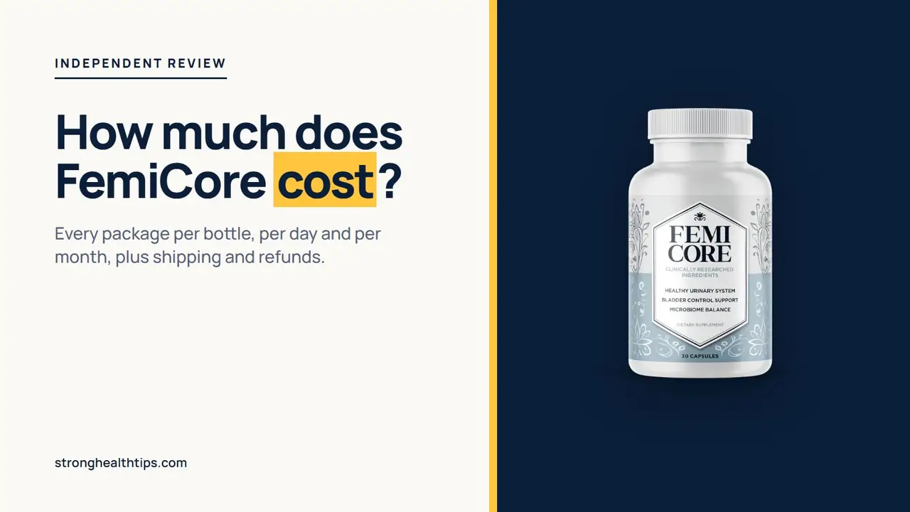 How much does FemiCore cost: editorial cover with the headline on cream and the FemiCore bottle on a navy panel