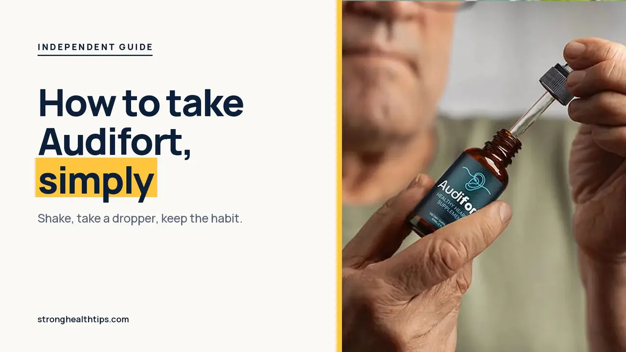 How to take Audifort: headline beside a man holding an Audifort dropper bottle on a navy panel with a yellow edge