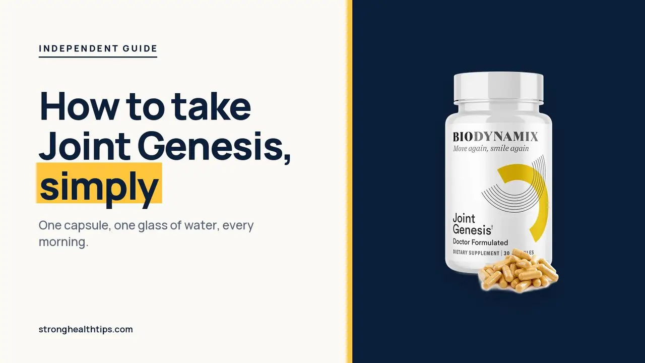 How to take Joint Genesis: headline beside the Joint Genesis bottle and capsules on a navy panel with a yellow edge